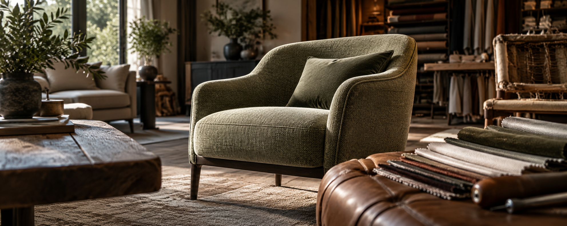 Groene fauteuil in de ambachtelijke showroom van Vanderveen