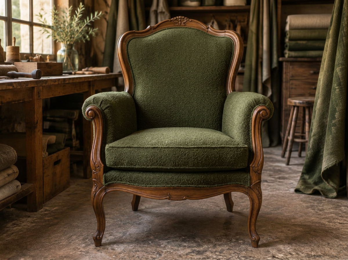 Dezelfde fauteuil na restauratie in olijfgroene stof